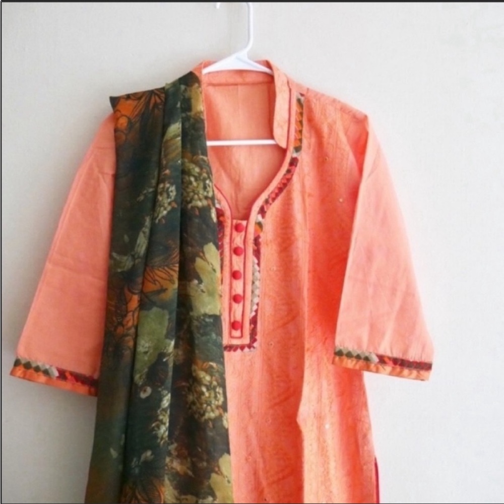 Pakistani pale Orange and green salwar kameez large shalwar Indian kurta
